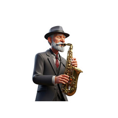 Elderly gentleman in a suit plays a golden saxophone, eyes closed in musical concentration.