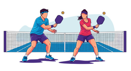 Pickleball Doubles Team in Action - Vector Illustration