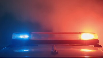 Emergency response scene with flashing police lights amidst smoke, creating a dramatic atmosphere