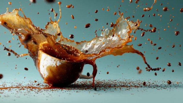 Liquid Cascade: A dynamic coffee cup explosion, capturing the essence of a refreshing morning ritual.