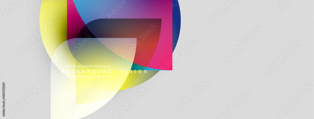 Poster abstract colorful shapes overlap, creating dynamic visual effect. white space dominates background, 