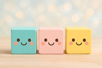 Pastel Wooden Blocks with Happy Faces - Cute and Cheerful Childhood Toy Concept