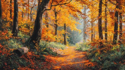 Fototapeta premium Vibrant Autumn Forest Pathway with Golden Leaves and Soft Sunlight Filtering Through Trees