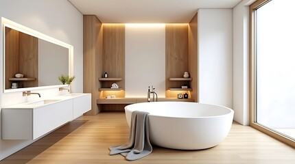 Fototapeta premium Modern minimalist bathroom with freestanding tub and double vanity