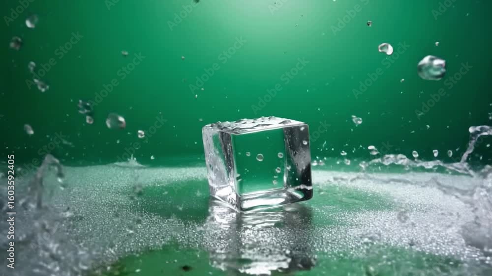 Poster ice cube splashes in the water: an ice cube, perfectly frozen, breaks through water, causing droplet