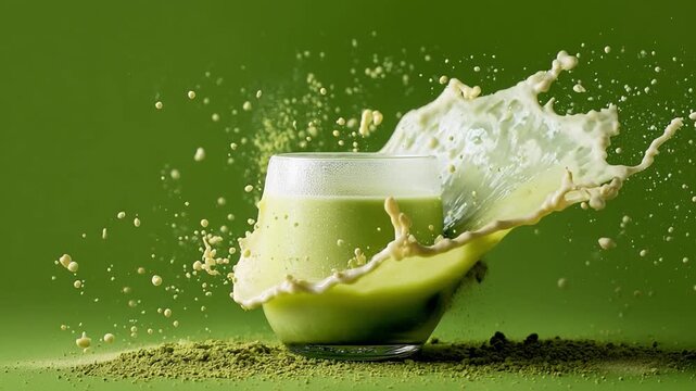Matcha Explosion: A vibrant and dynamic image captures the explosive energy of a matcha beverage, as it bursts from its glass container, with finely detailed splashes.