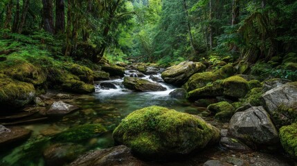 Fototapeta premium Serene Forest Stream with Lush Greenery and Mossy Rocks in Tranquil Wilderness Setting