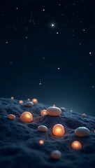A minimalist deep-space illustration where glowing pebbles represent stars and planets arranged on a dark cosmic background, hinting at nature's universal connection.

