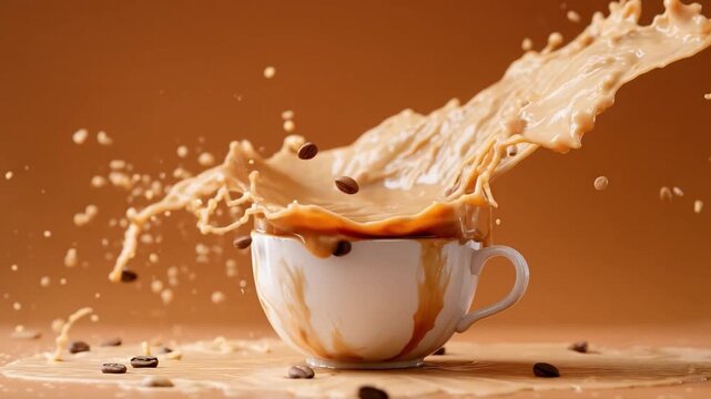 Coffee Splash: A dynamic visual of coffee, coffee beans erupting from a white porcelain cup, frozen mid-splash with a creamy texture against a warm, inviting background. 