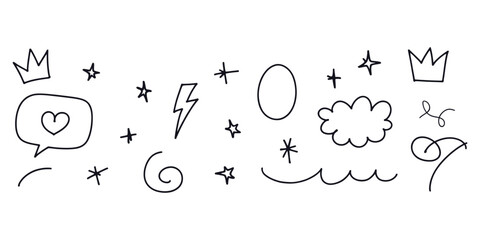 Black Hand Drawn Doodle Elements Including Crowns Stars Lightning Bolt Cloud and Heart Speech Bubble