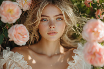 Woman with long blonde hair and blue eyes surrounded by pink roses.