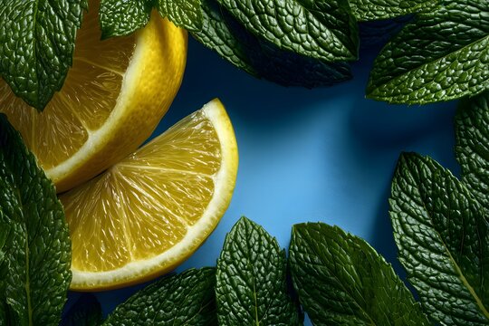 Fresh lemon slices and mint leaves on blue