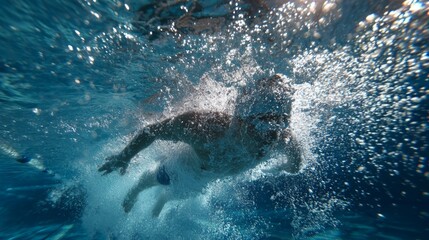 Person Swimming Underwater in Clear Pool with Bubbles and Sunlight Dancing on Water Surface