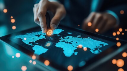 A hand touches a digital world map on a tablet with glowing wifi symbol and floating orange lights