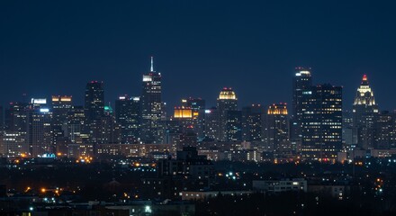 Night Panorama of Illuminated City Skyline Urban Landscape Modern Architecture at Night