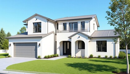 Modern Two Story White House Exterior with Gray Roof Landscaping and Attached Garage