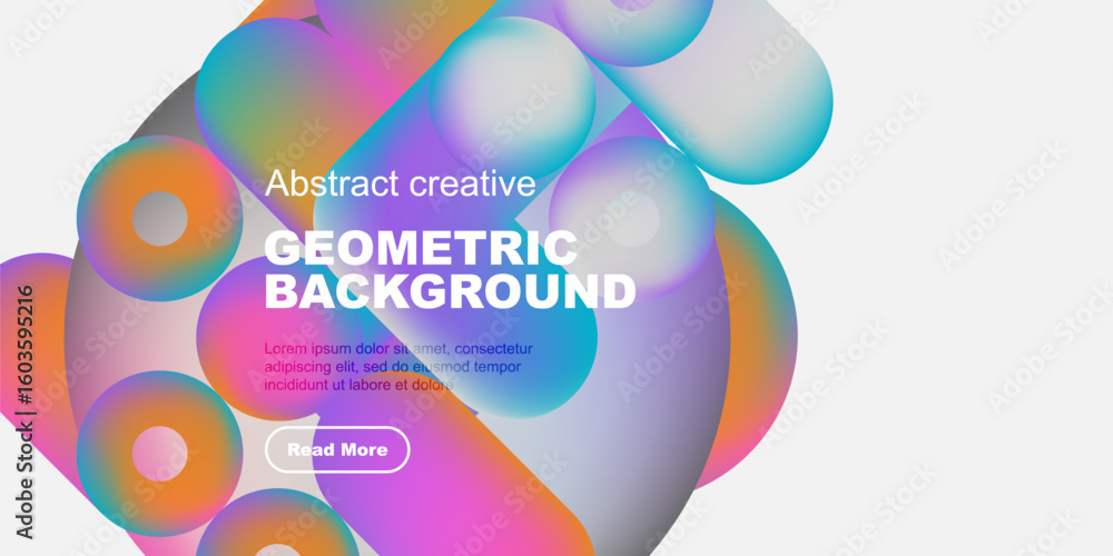 Poster vibrant fluid shapes overlap, creating dynamic geometric background. text promotes further explorati