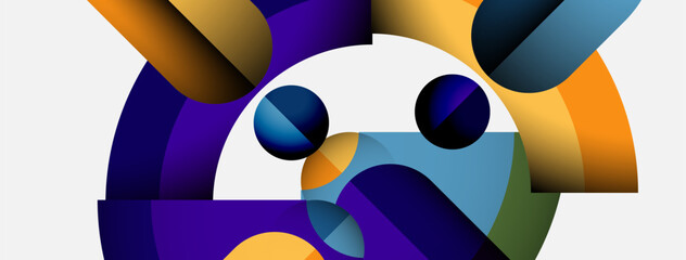 Abstract geometric shapes, vibrant colors, overlapping forms create dynamic composition. Modern design, digital illustration, clean aesthetic.