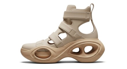 A stylish beige hightop shoe with multiple straps and a unique woodenlike platform sole is isolated on a white background