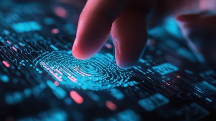 Finger touching glowing fingerprint scan on futuristic surface with digital circuit lines and red accents