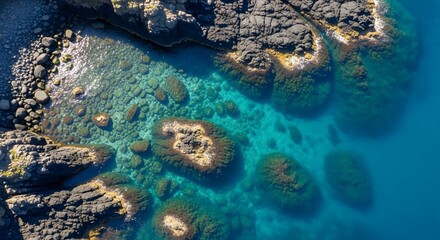 Aerial view of clear turquoise water showcasing submerged rocks and textures along a rocky coastline with sunlight reflections creating a natural pattern.