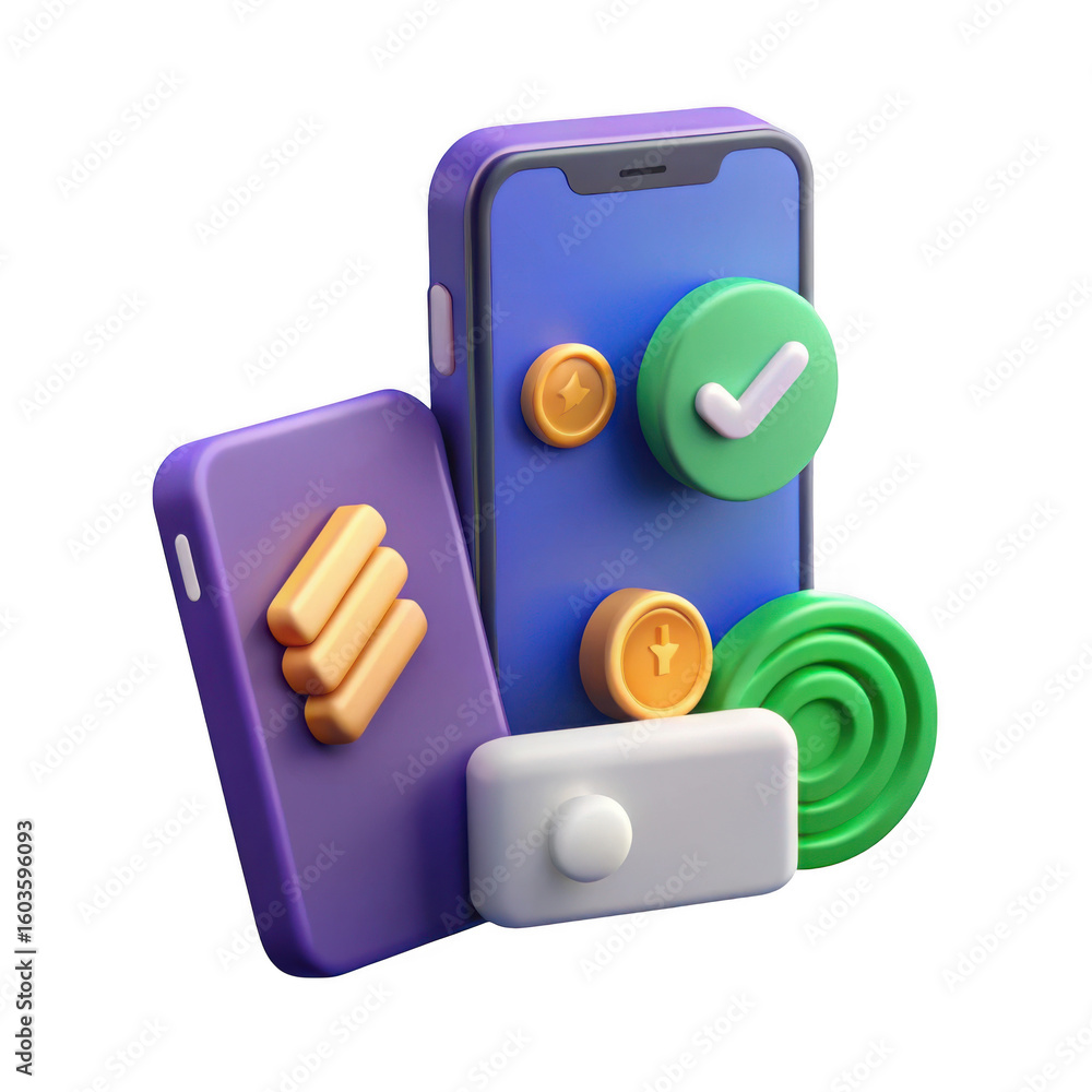 Poster 3d 3d rendering of a smartphone with coins and checkmark isolated on transparent background