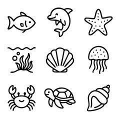 Fototapeta premium A set of doodle line icons representing ocean animals, sea creatures, shells, coral, and underwater marine life suitable for aquatic themes
