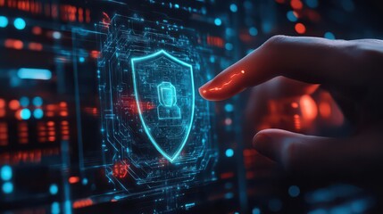 A finger touches a glowing shield icon with a person inside on a digital interface background