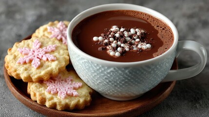 Cozy Winter Hot Chocolate with Snowflake Cookies on a Wooden Plate