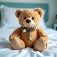Obraz premium Cancer Awareness, A teddy bear with a ribbon tied around its neck sitting on a hospital bed