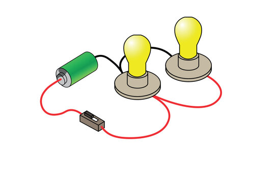 Series and parallel electrical circuits. Parallel circuit, Series circuit, basic electric circuits experiment vector. Kirchhoff voltage law. series and parallel circuits with Batter and light bulb