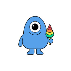 Cute blue monster holding a colorful ice cream cone