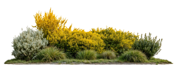Isolated garden border featuring yellow flowering shrubs, green plants and silvery foliage against white background, perfect for landscape design visualizations