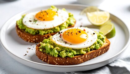 Two avocado toast sandwiches with fried eggs