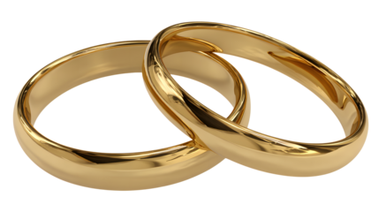3D Render of Two Interlocked Golden Rings, Symbolizing Commitment and Eternal Love on transparent background