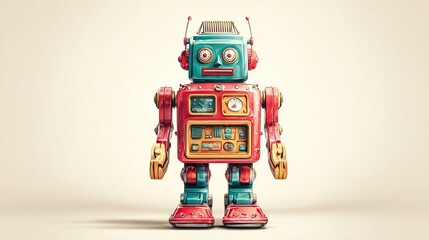 Retro toy robot, vibrant colors, vintage style