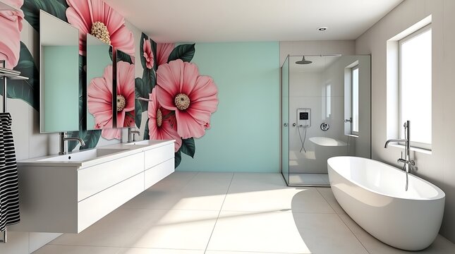 Contemporary bathroom with floral wall graphic and shower