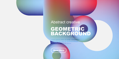 Vibrant abstract shapes overlap, creating colorful geometric background. Text promotes further exploration. Modern design elements present.