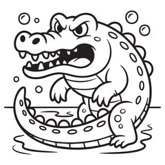 Cartoon Crocodile Illustration Black And White Drawing Of Alligator With Angry Expression In Water