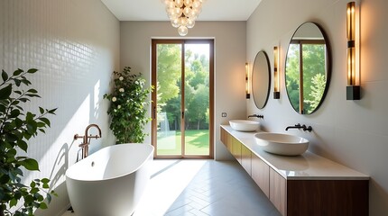 Modern bathroom with freestanding tub and double vanity
