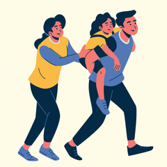 set of an Family Activity Piggyback RIde Illustration