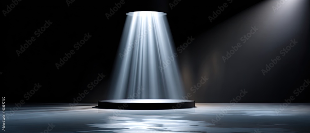 Poster empty stage showtime concept. beam of light illuminating a circular platform over calm water in a da