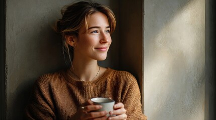 Woman Drinking from White Mug Looking Out Window Peacefully - Cozy Mindfulness and Calm - Positive Minimalist Lifestyle Image 4K UHD