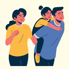set of an Family Activity Piggyback RIde Illustration
