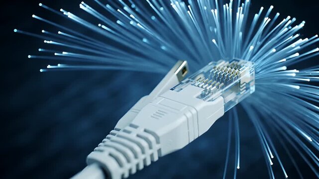 White Ethernet Cable Connector with Light Streaks on Dark Blue Background for Digital Data Transmission Technology