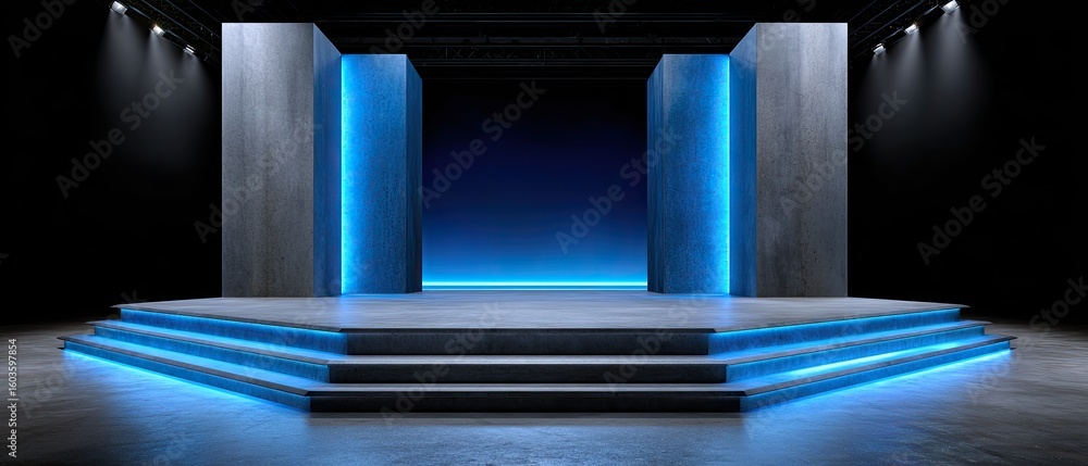 Poster empty stage showtime concept. stage with illuminated columns and a dramatic background lighting setu