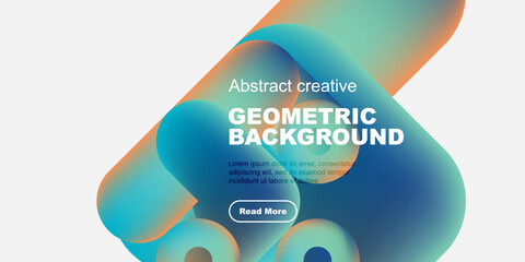 Abstract geometric background features vibrant colors, fluid shapes, text, button. Modern design suitable for digital projects.