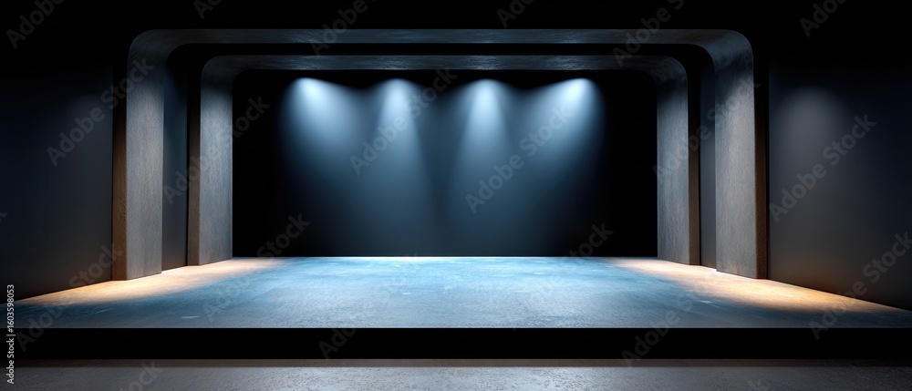 Poster empty stage showtime concept. empty stage illuminated by soft lighting, ready for a performance.