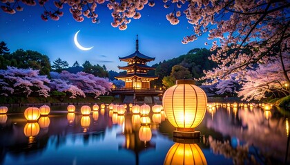Obraz premium Enchanting Sakura Night: Pagoda and Floating Lanterns Under a Crescent Moon.