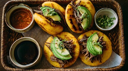 Fototapeta premium Top down view of golden arepas with shredded beef and avocado slices. 